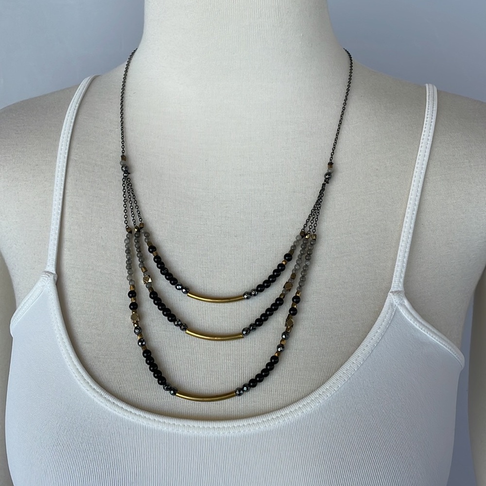Draped Necklace Black Beads/Gold Bands